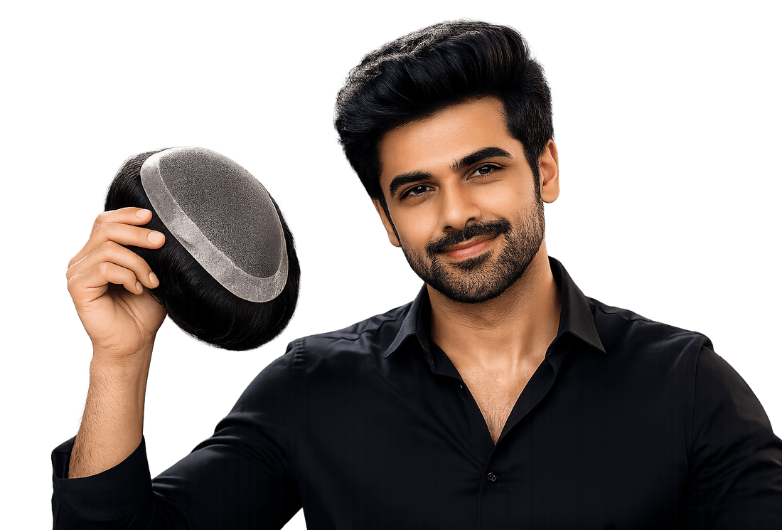 Man holding his natural-looking hair patch